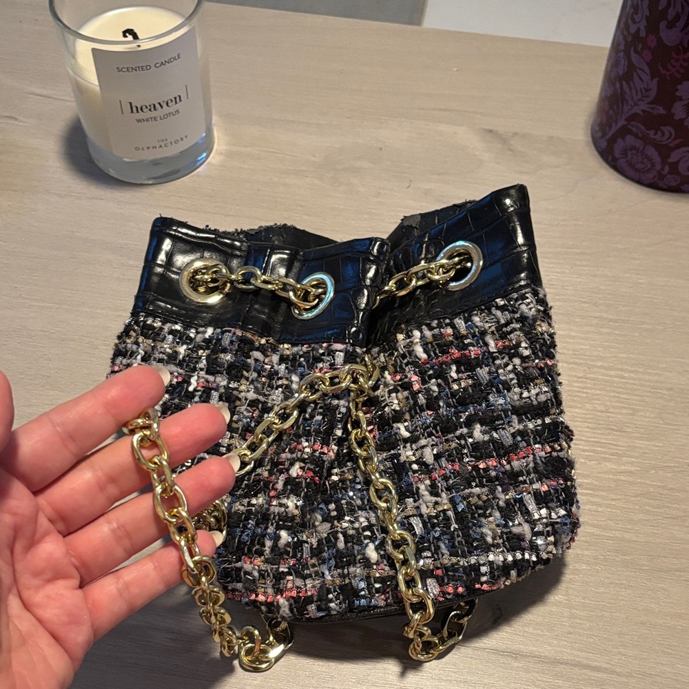 Sam Edelman Black Tweed Mini Drawstring Bag with Gold Chain